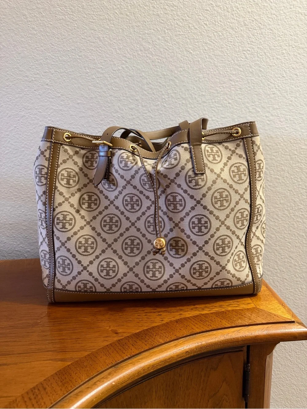 Tory Burch Beige T Monogram Jacquard Tote with Taupe Trim